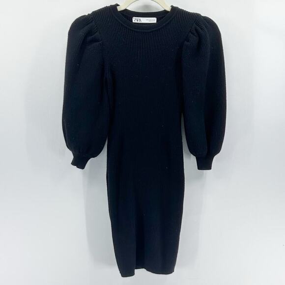 Zara Black Puff Sleeves Mini Sweater Bodycon Dress Small - Picture 2 of 6